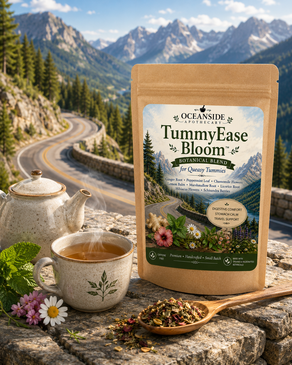 A stand-up pouch of Oceanside Apothecary TummyEase Bloom herbal tea is displayed on a stone surface with a teapot, cup of tea, flowers, and a spoonful of loose tea in the foreground. Behind it is a winding mountain road and pine-covered hills under a blue sky.