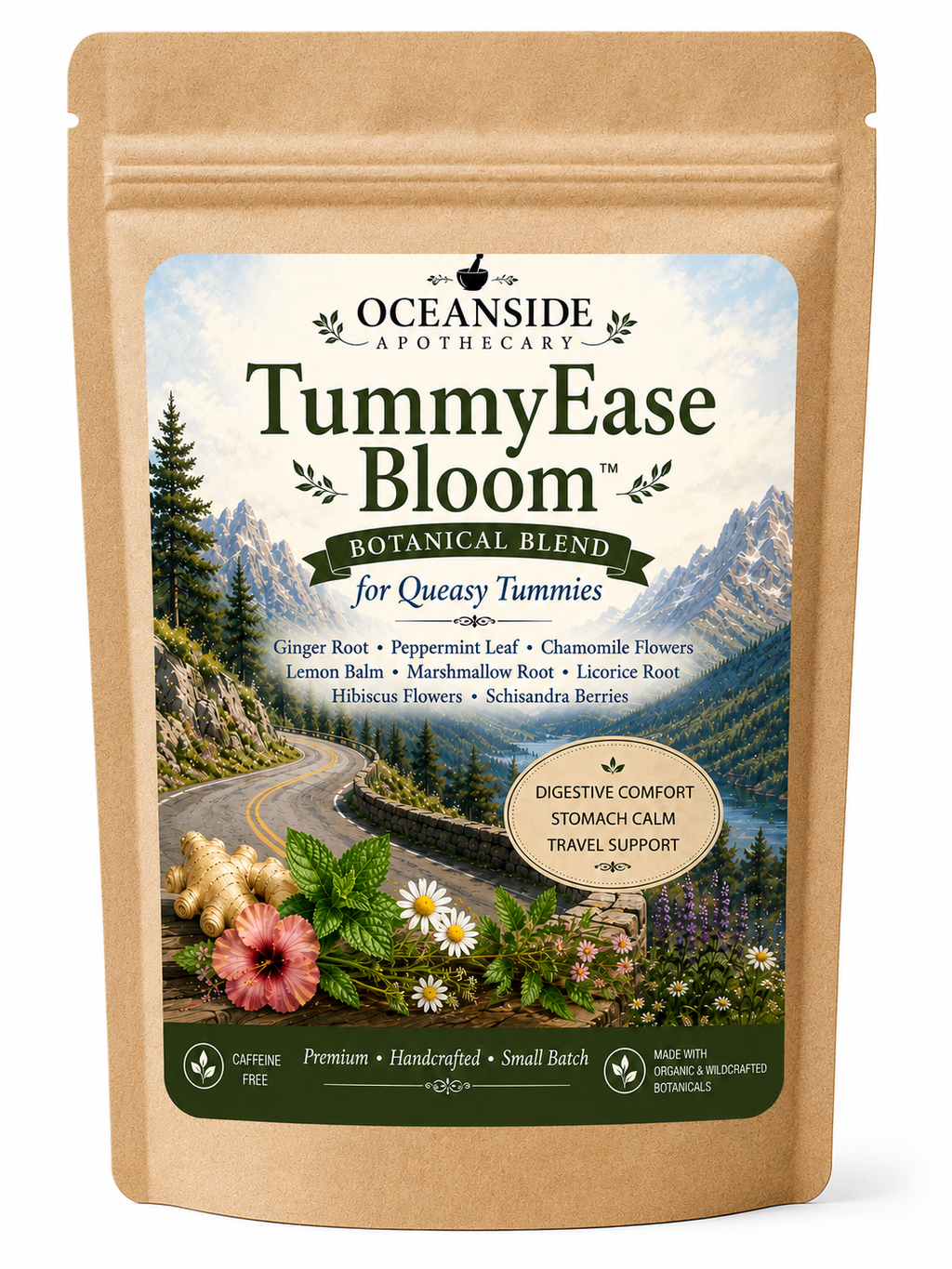 Oceanside Apothecary TummyEase Bloom Botanical Blend in a brown kraft stand-up pouch with a scenic label showing mountains, a winding road, flowers, and ginger roots.