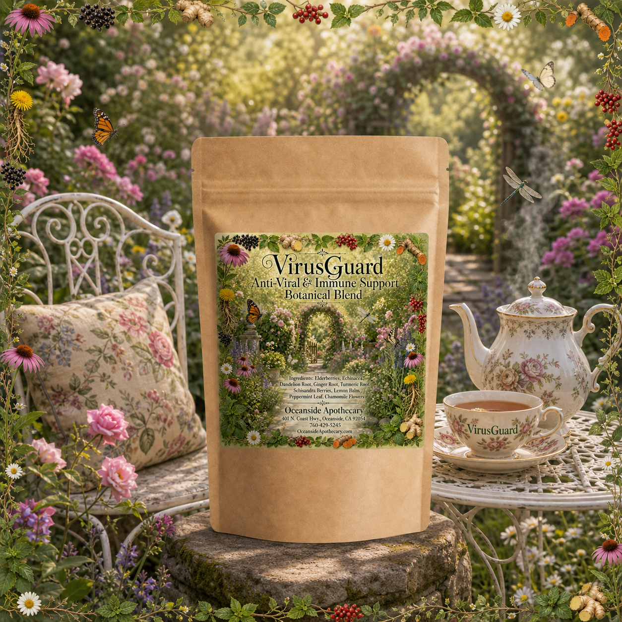 VirusGuard Anti-Viral & Immune Support Botanical Blend by Oceanside Apothecary in an English garden with steaming tea.
