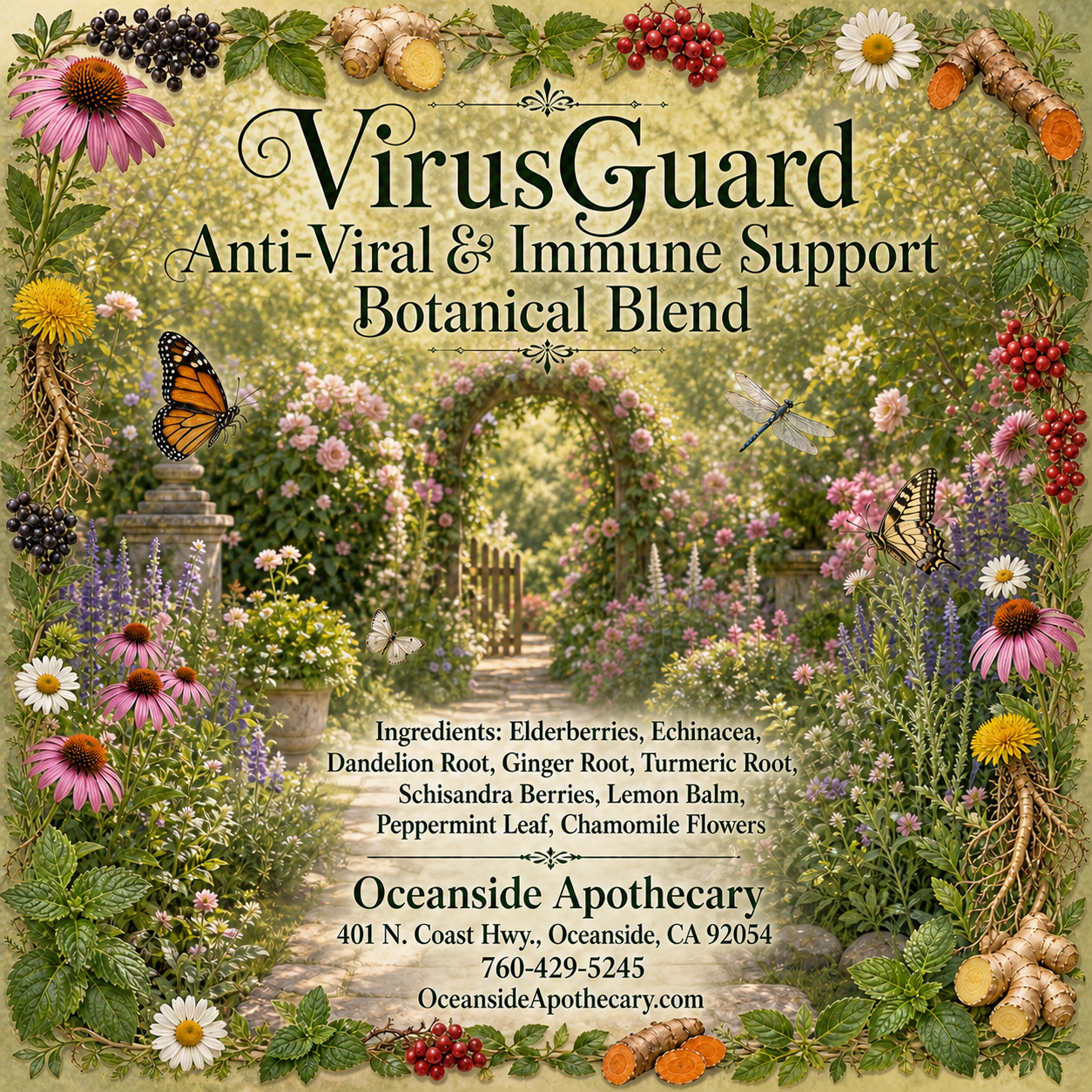VirusGuard Anti-Viral & Immune Support Botanical Blend by Oceanside Apothecary featuring an English secret garden with butterflies, dragonflies, and ingredients including elderberries, echinacea, dandelion root, ginger root, turmeric root, schisandra berries, lemon balm, peppermint leaf, and chamomile flowers.
