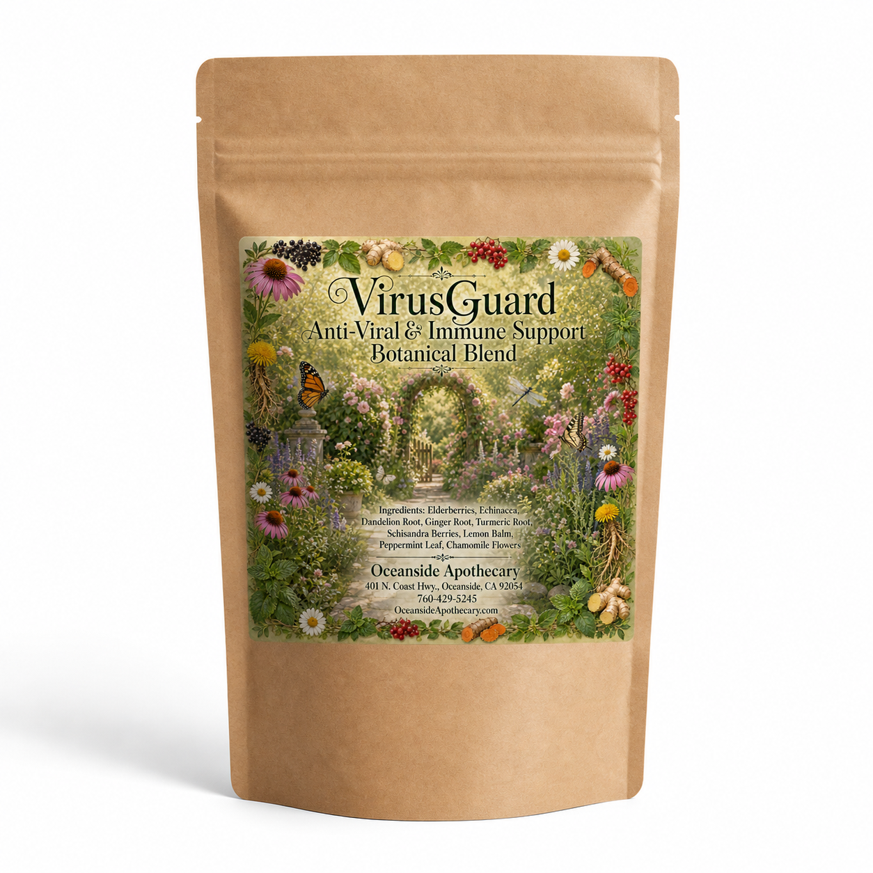 VirusGuard Anti-Viral & Immune Support Botanical Blend by Oceanside Apothecary featuring an English secret garden with butterflies, dragonflies, and ingredients including elderberries, echinacea, dandelion root, ginger root, turmeric root, schisandra berries, lemon balm, peppermint leaf, and chamomile flowers.
